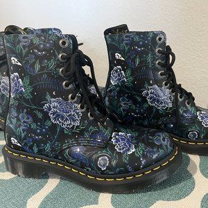 6 7 Dr. Martens Women's Blue Green Black White Floral 1460 Pascal Mid Calf Boot